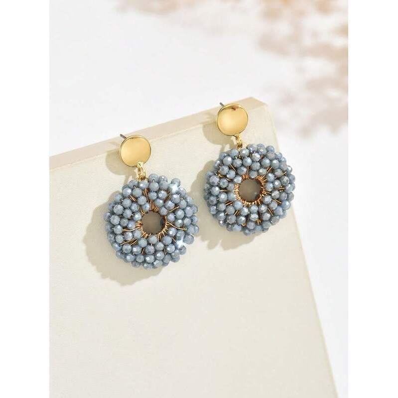 Handmade Hollow Beaded Blue Hoop Earrings, Geometric